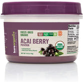 Close-up of vegan acai berry antioxidant powder with nutrition facts label